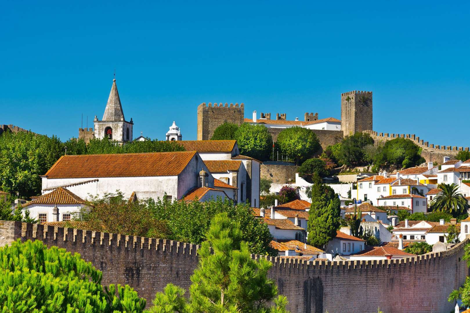 Eine kleine Stadt mit einem großen Schloss im Hintergrund