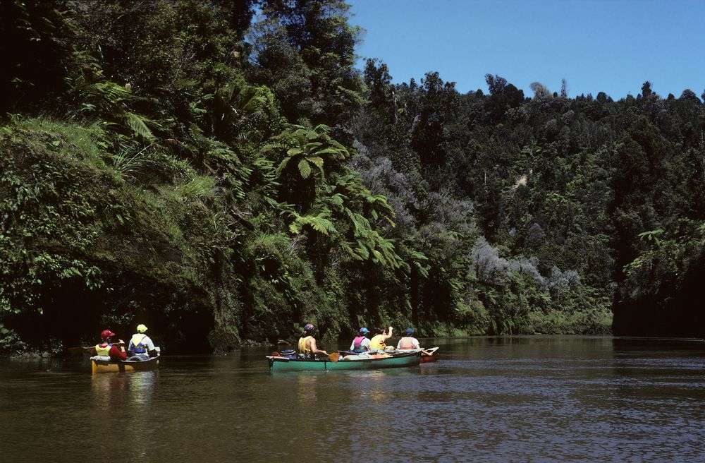 Eine Gruppe von Menschen paddelt auf einem Fluss
