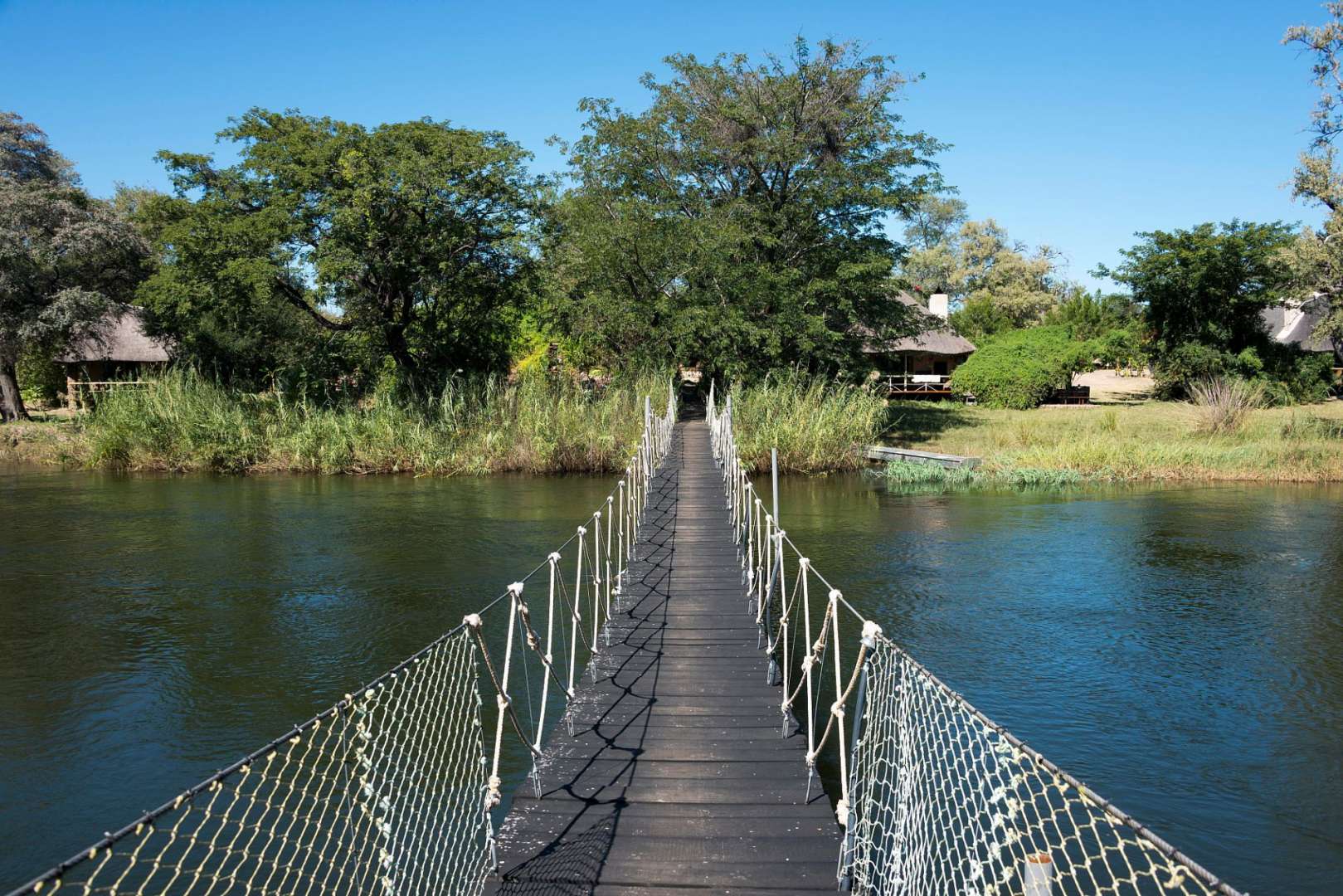 Eine Hängebrücke über einen Fluss mit Bäumen im Hintergrund