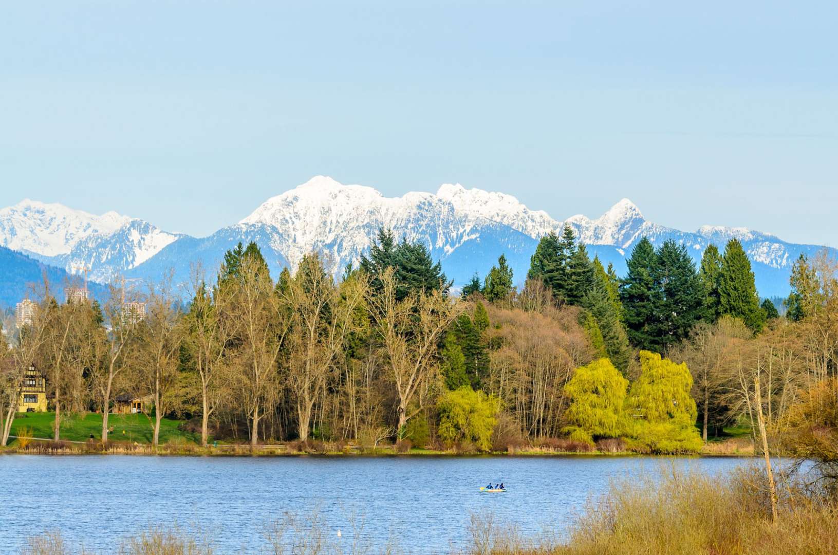 Ein See mit Bäumen und Bergen im Hintergrund