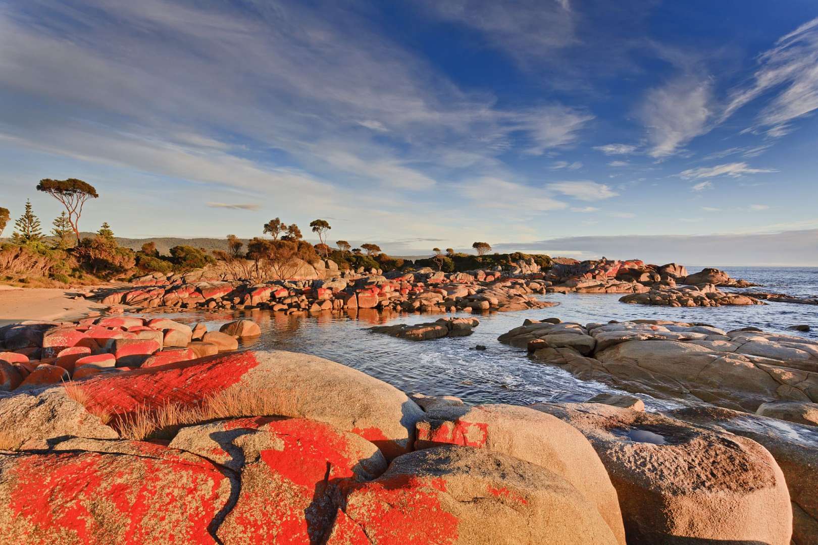 Ein Strand mit roten Felsen und Bäumen im Hintergrund