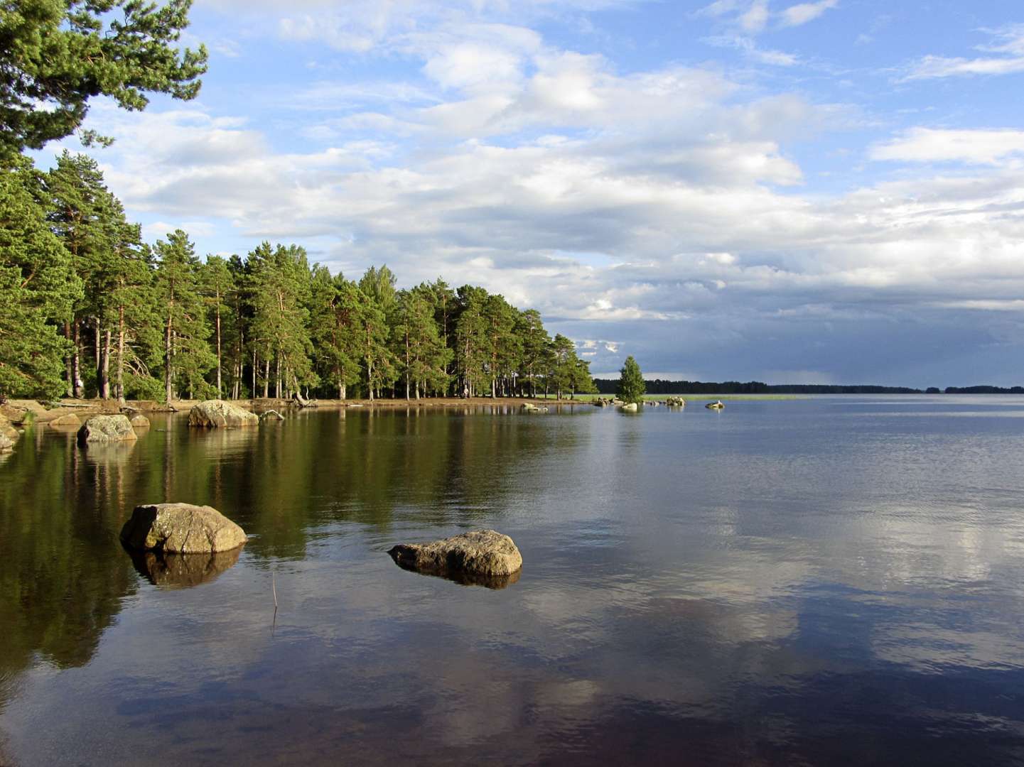 Ein See mit Felsen im Wasser und Bäumen im Hintergrund