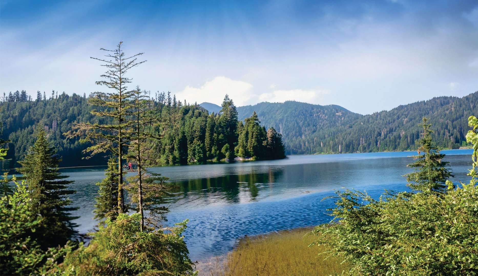 Ein großer See umgeben von Bäumen und Bergen