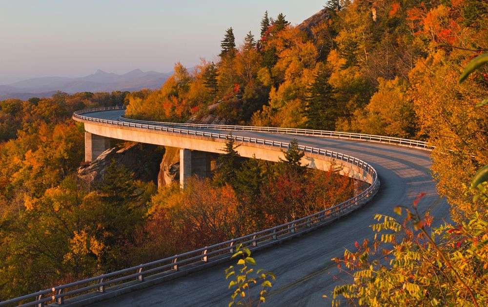 Eine kurvenreiche Straße mit Bäumen und Bergen im Hintergrund