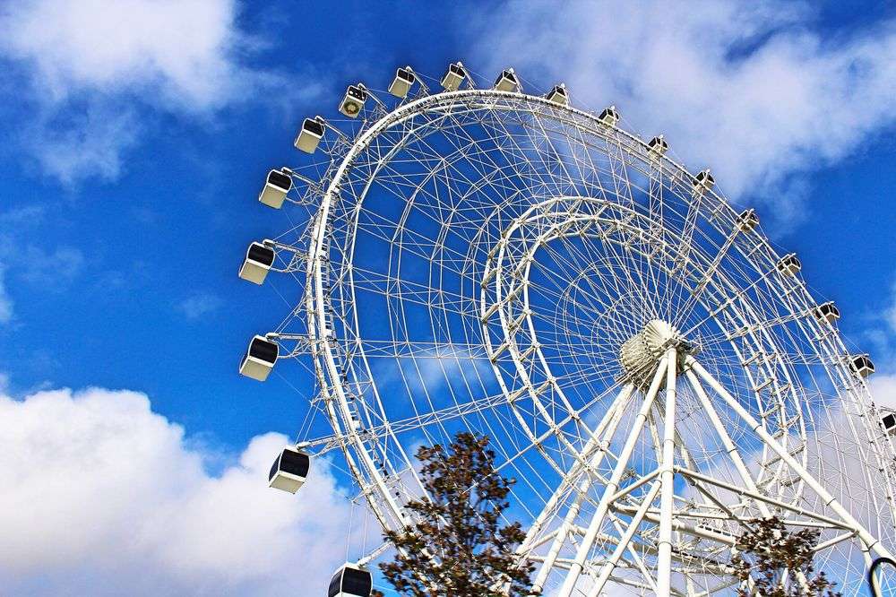 Ein Riesenrad steht vor einem blauen Himmel