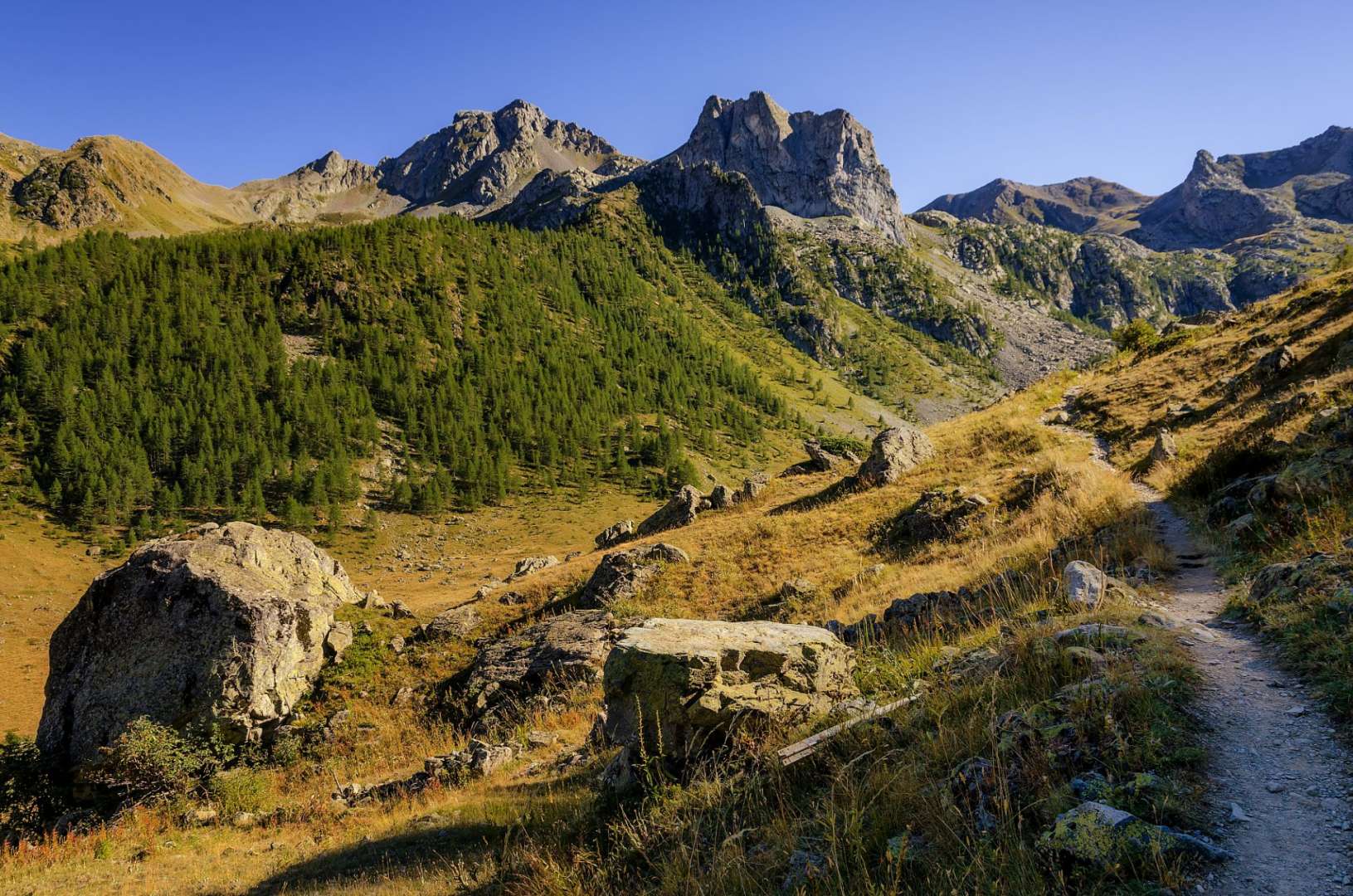 Ein Pfad in den Bergen mit einem Berg im Hintergrund