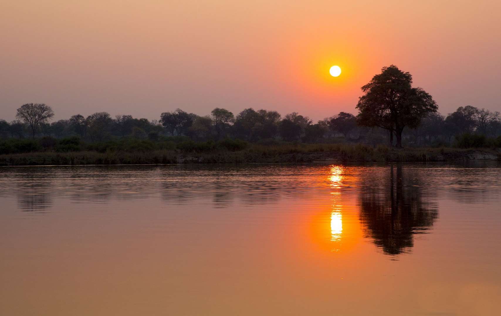 Die Sonne geht über einem Fluss mit Bäumen im Hintergrund unter