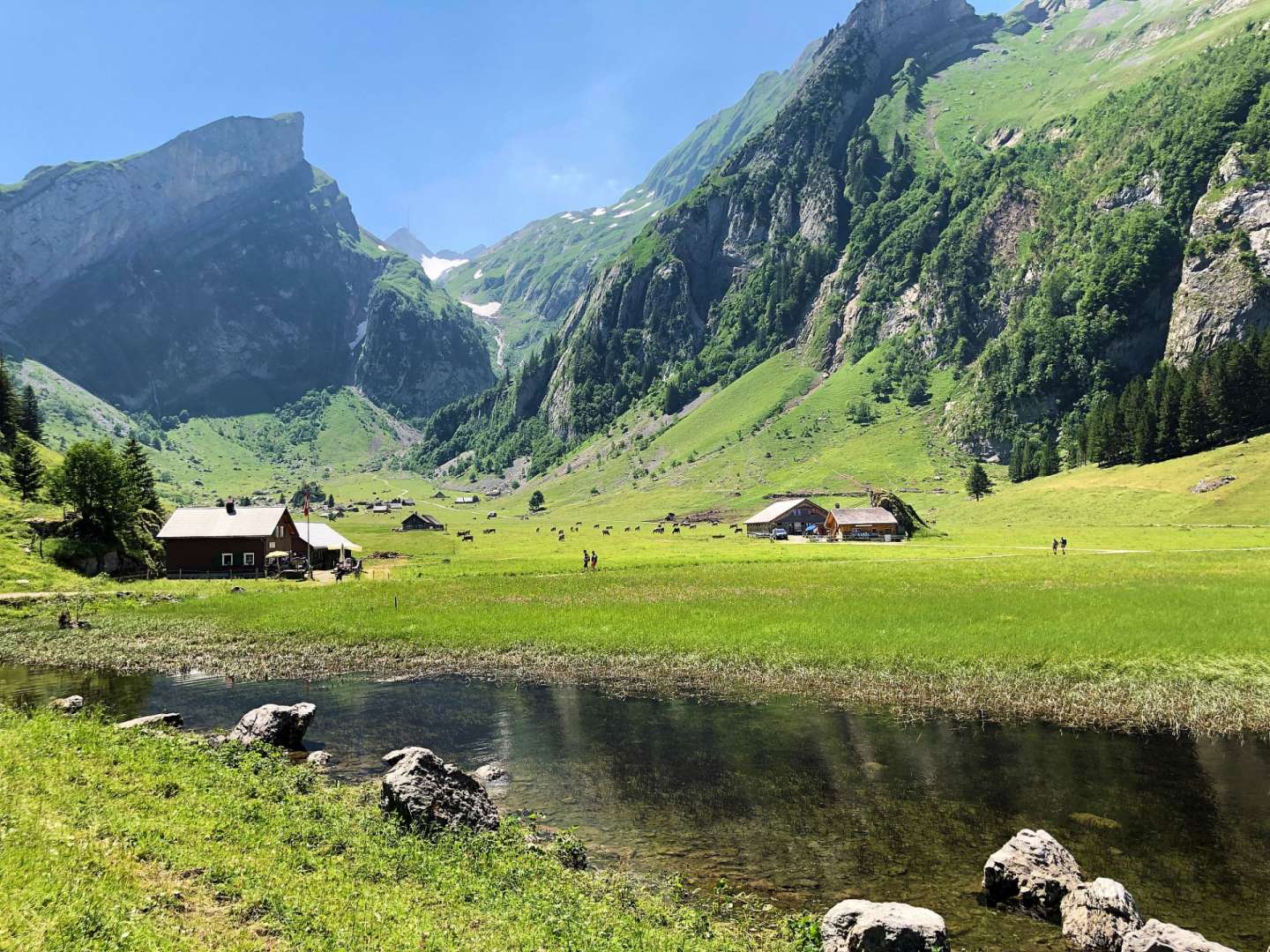 Ein kleines Haus steht inmitten einer Wiese mit einem Fluss im Vordergrund