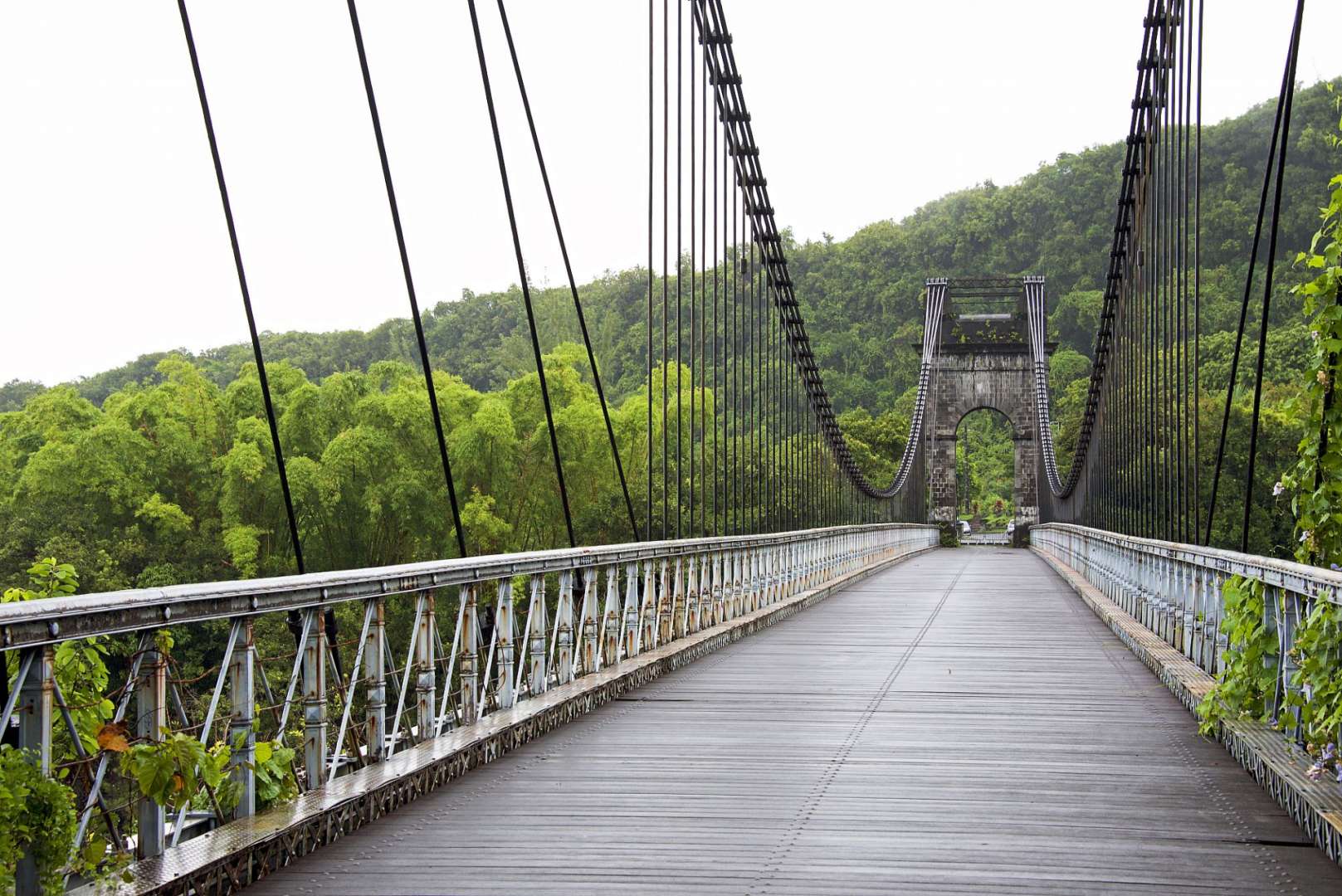 Eine Brücke mit einem hölzernen Gehweg und Bäumen im Hintergrund