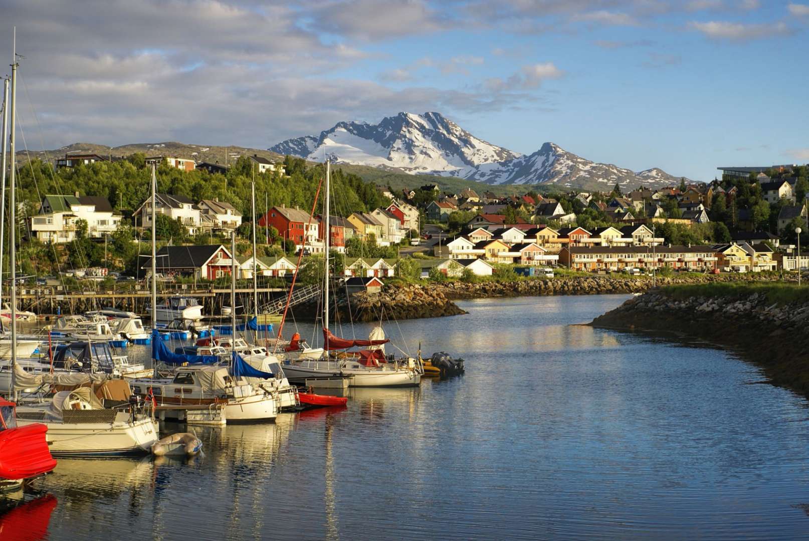 Eine Stadt mit einem Berg im Hintergrund und vielen Booten im Vordergrund