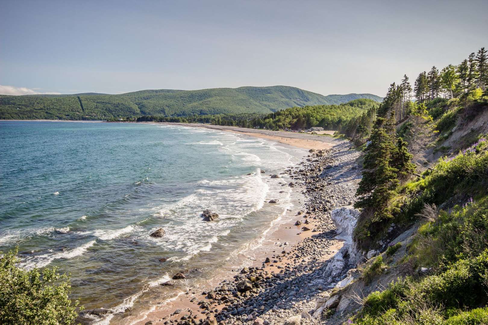 Ein felsiger Strand mit Bäumen und Bergen im Hintergrund