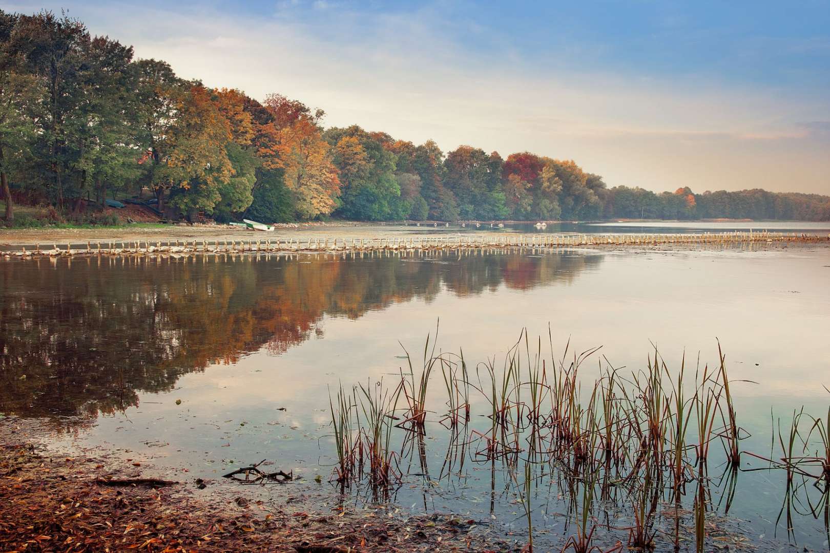 Ein See mit Bäumen im Hintergrund und einem weißen Boot am Ufer