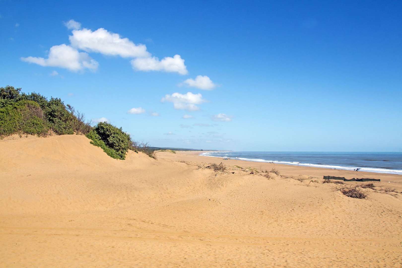 Ein sandiger Strand mit einem blauen Himmel und weißen Wolken