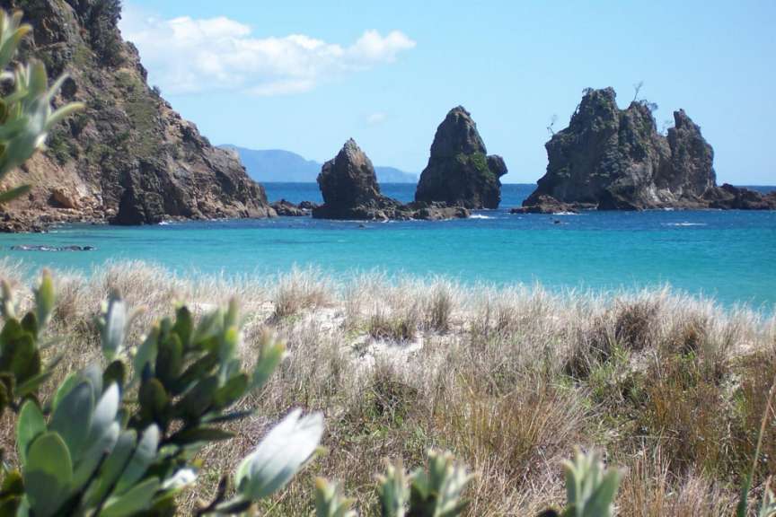Ein Blick auf einen Strand mit Felsen im Hintergrund
