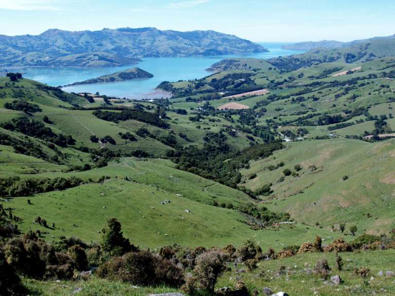 Blick auf Akaroa, Banks Peninsula, Nähe Christchurch
