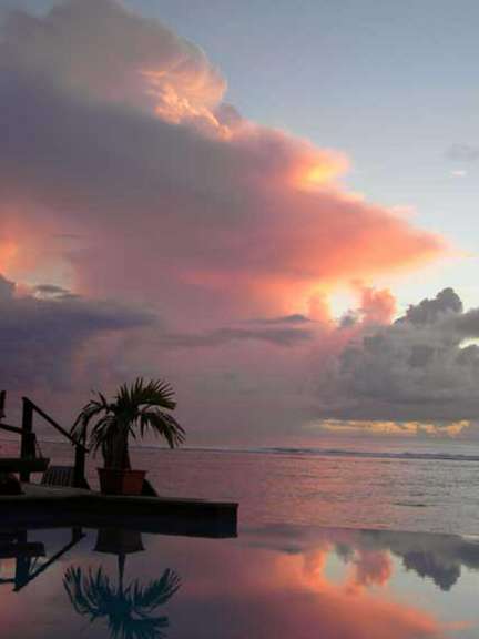 Ein Pool mit einer Palme und einem Sonnenuntergang im Hintergrund .