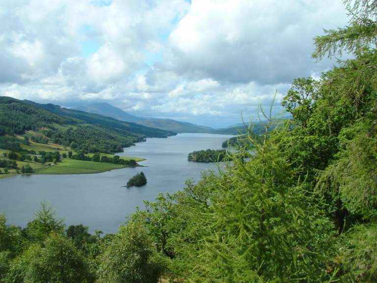 Ein großer See umgeben von Bäumen und Bergen