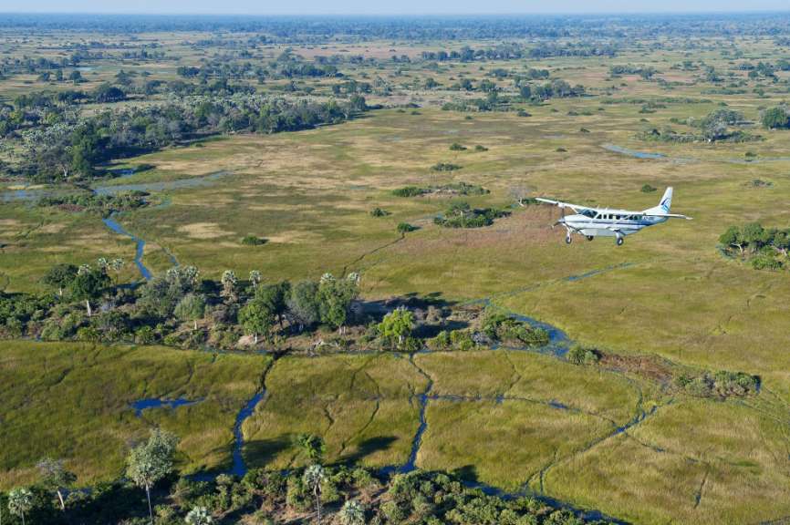 Ein kleines Flugzeug fliegt über eine grüne Wiese