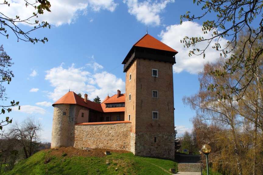 Das Bild zeigt eine Burg mit einem hohen Turm und einem runden Turm, umgeben von Bäumen und einem blauen Himmel mit Wolken.