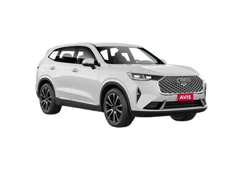 Ein weißes suv mit einem avis-Logo auf der Motorhaube