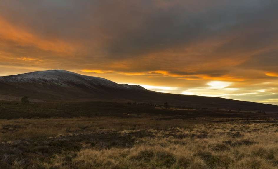 Eine weite Landschaft mit einem sanft abfallenden Hügel, der im Vordergrund von einem Feld mit trockenem Gras und Heidekraut unterbrochen wird, während darüber ein dramatischer Himmel mit orangefarbenen Wolken bei Sonnenuntergang zu sehen ist.