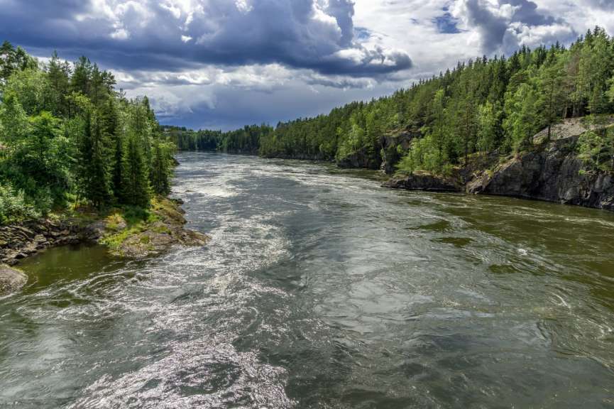 Ein breiter Fluss fließt durch eine bewaldete Landschaft unter einem dramatischen Himmel mit dunklen Wolken und Sonnenschein.
