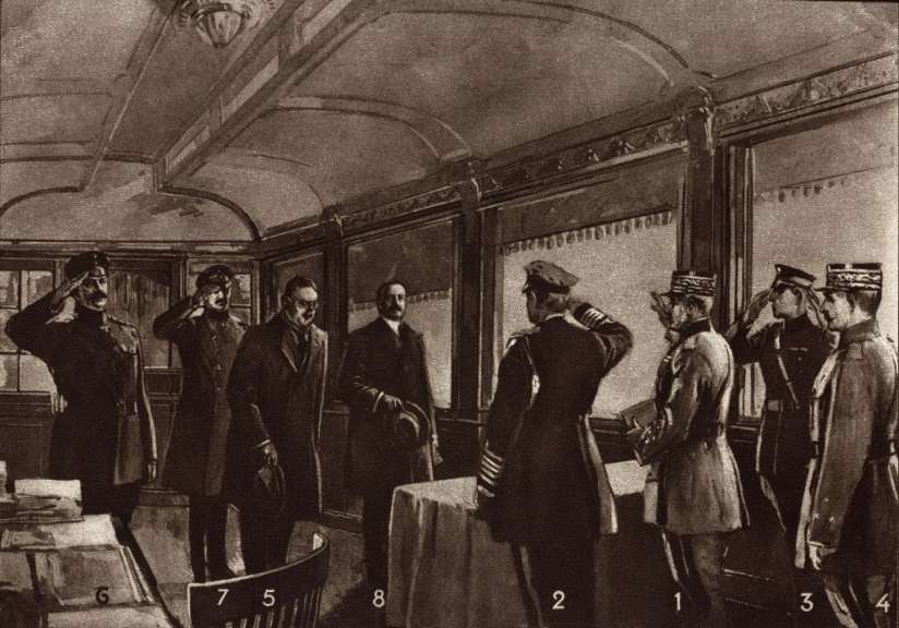 Ein sepiafarbenes Bild zeigt eine Gruppe von Männern in Uniformen und Zivilkleidung, die in einem Eisenbahnwaggon stehen oder gehen und mit Nummern versehen sind.