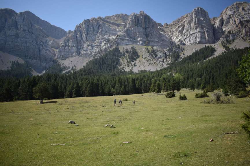 Menschen stehen auf einer Wiese mit Bergen im Hintergrund