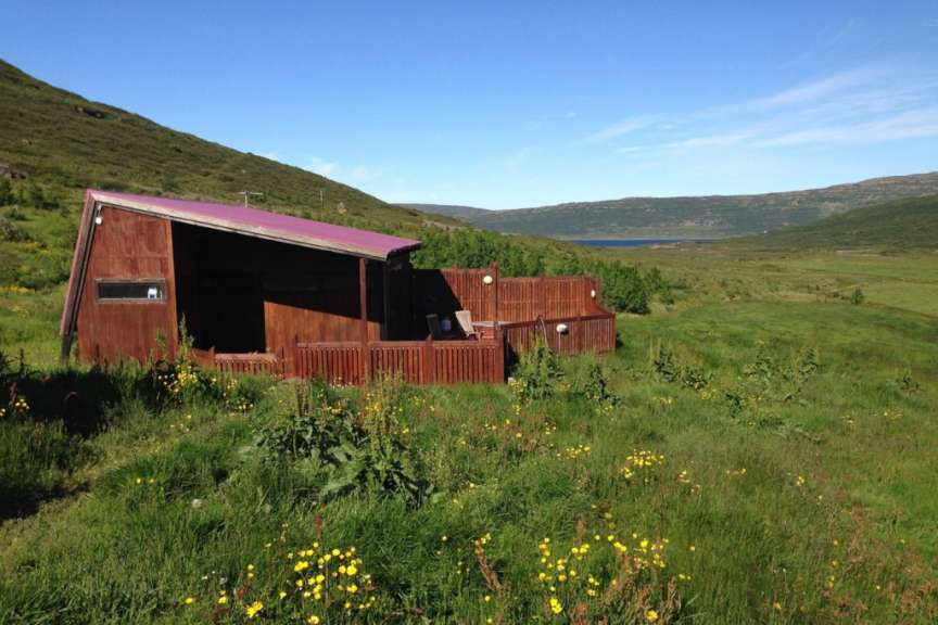 Ein kleines Holzhaus mit einem roten Dach sitzt inmitten eines grünen Feldes