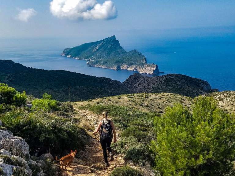 Ein Hund und eine Frau wandern auf einem felsigen Pfad mit Blick auf das Meer und eine Insel.