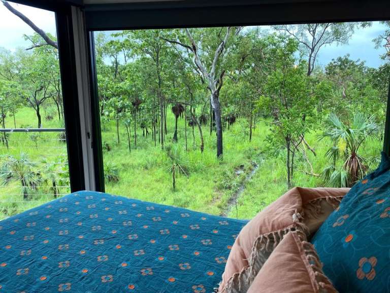 Ein Bett mit einer blauen Decke und Kissen schaut aus einem Fenster auf ein Feld mit Bäumen