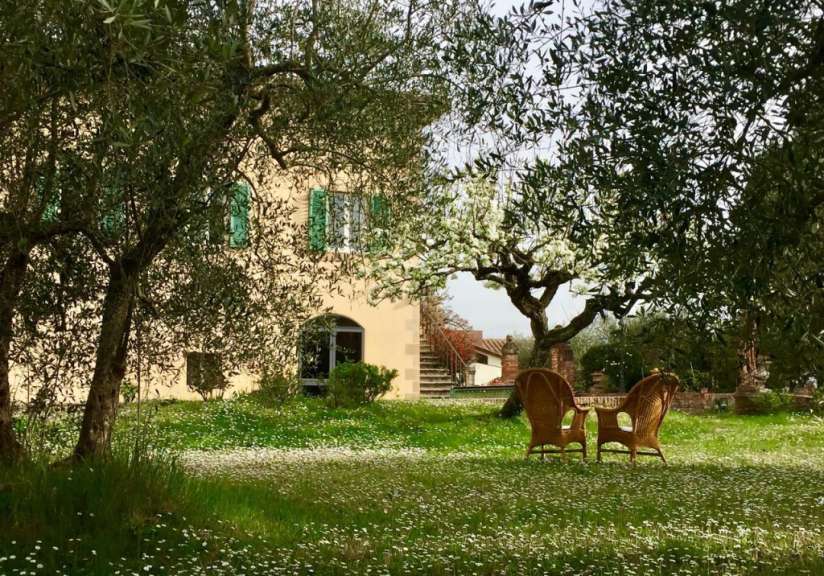 Ein Garten mit Stühlen und einem Tisch im Vordergrund