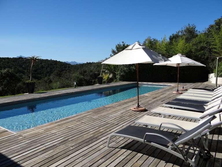 Liegestühle und Sonnenschirme stehen auf einem Holzdeck neben einem Swimmingpool