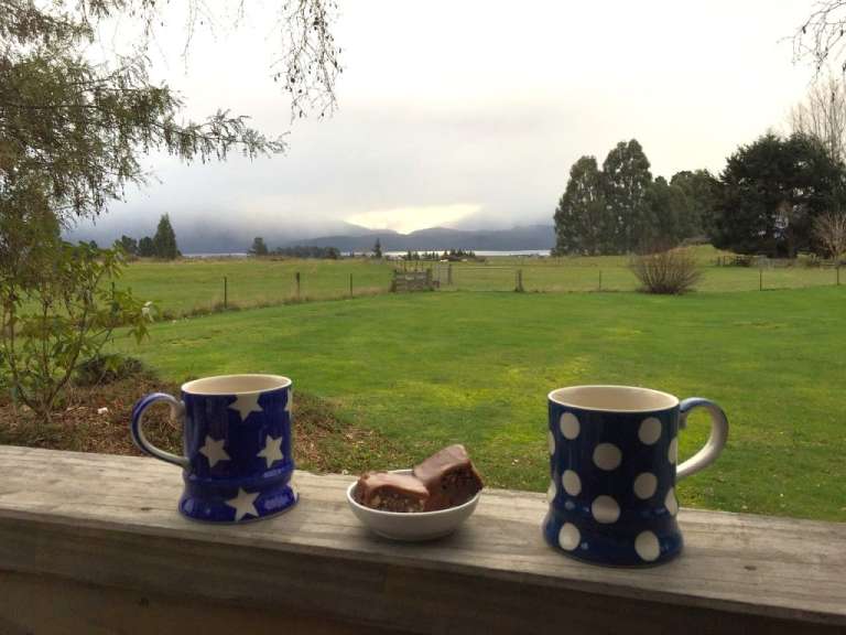 Zwei blaue und weiße tassen stehen auf einer holzterrasse mit einem feld im hintergrund