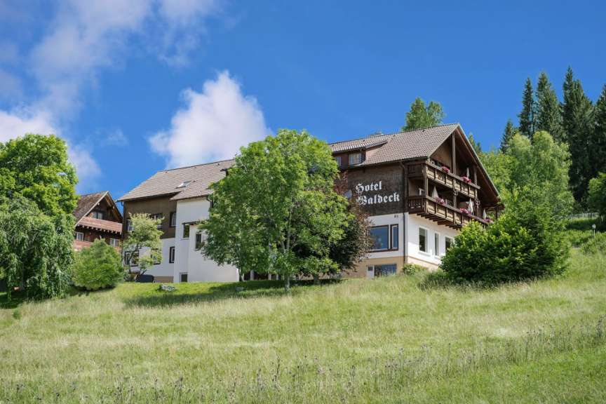 Ein Hotel mit der Aufschrift "Hotel Waldeck" steht auf einem grünen Hügel unter einem blauen Himmel mit Wolken.