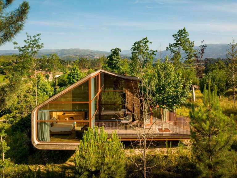 Ein kleines Haus mit vielen Fenstern inmitten eines Waldes