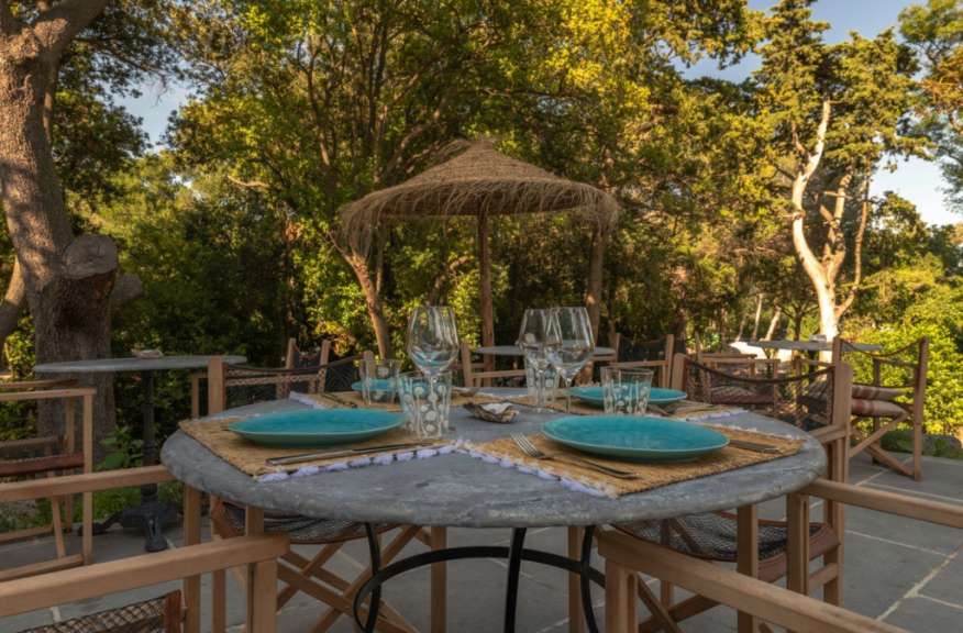 Ein Tisch mit blauen Tellern und Gläsern unter einem Strohschirm