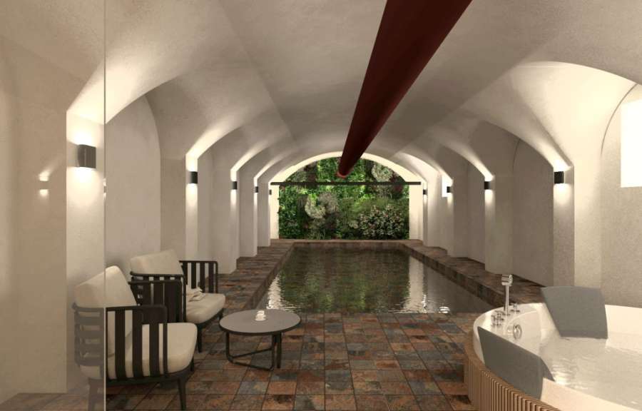 Ein Badezimmer mit einem Whirlpool und einem Swimmingpool