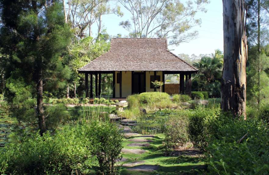 Ein traditionelles japanisches Teehaus ist von einem üppigen Garten mit einem Teich und hohen Bäumen umgeben.