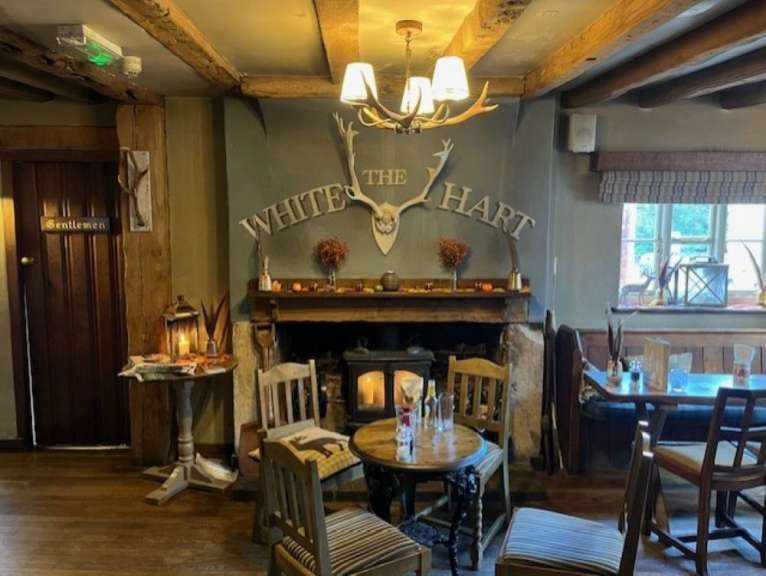 Ein rustikaler Pub mit Kamin und Hirschgeweih-Dekoration.