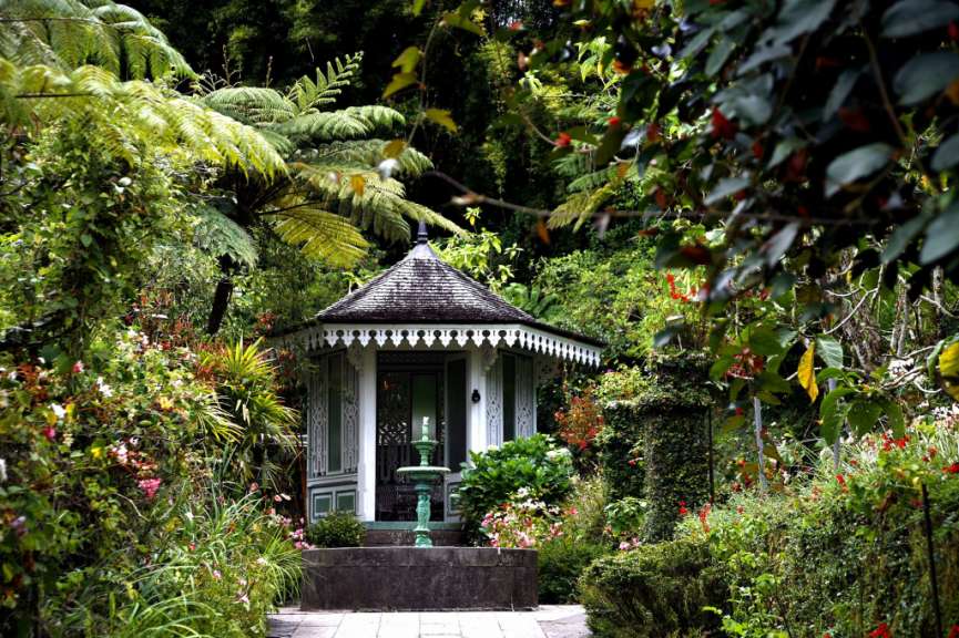Ein weißer Pavillon inmitten eines üppigen Gartens