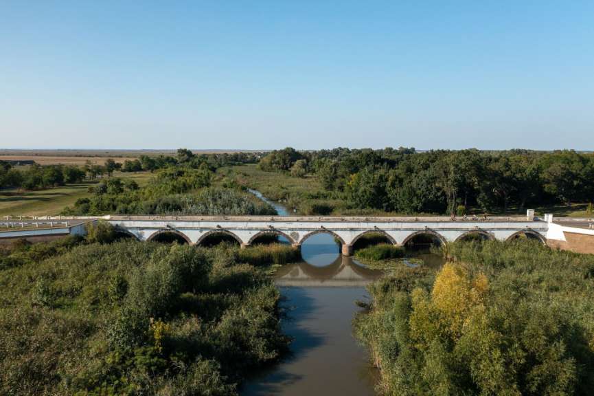 Eine weiße Brücke über einen Fluss umgeben von Bäumen