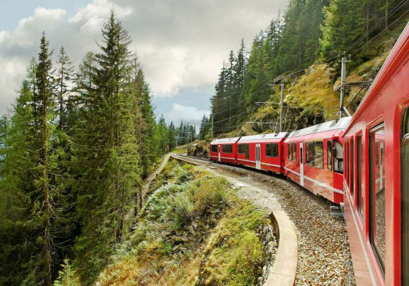 Ein roter Zug fährt durch einen Wald