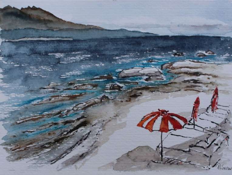 Ein Gemälde eines Strandes mit rot-weißen Sonnenschirmen