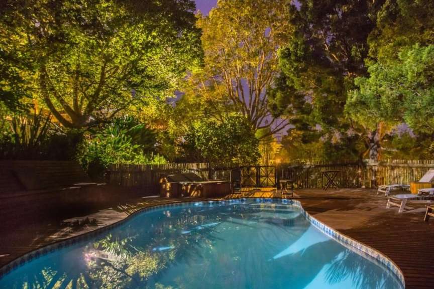 Ein großer Swimmingpool mit Bäumen im Hintergrund bei Nacht