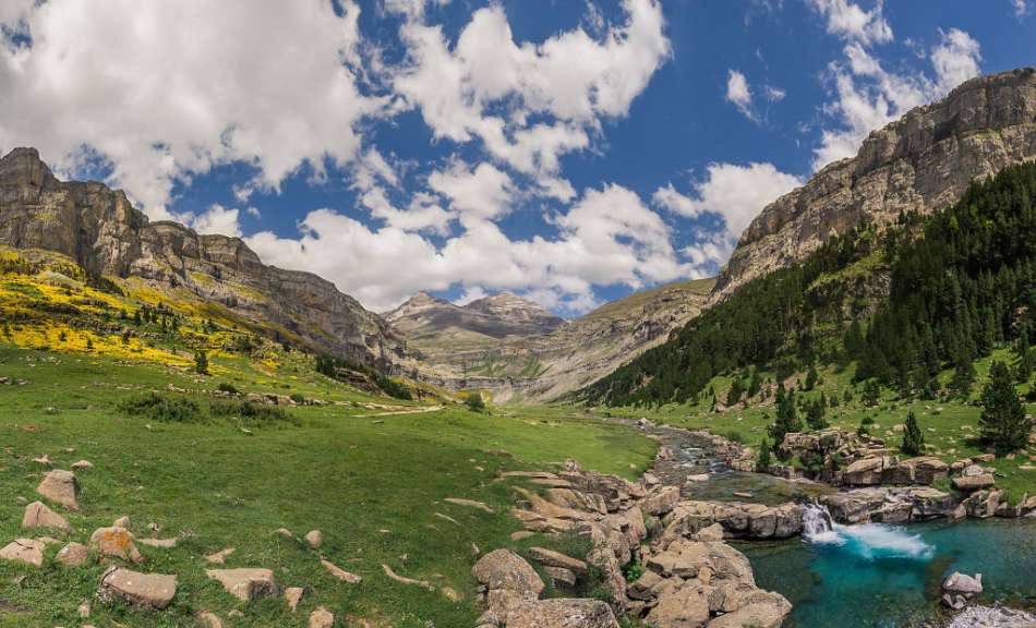 Ein Fluss fließt durch eine grüne Berglandschaft