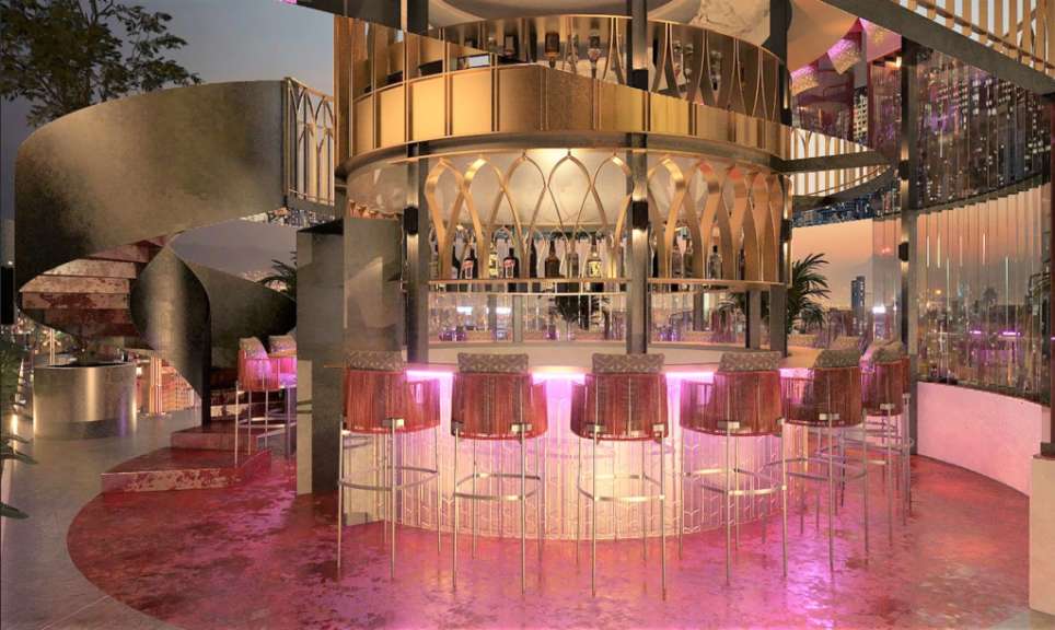 Eine künstlerische Darstellung einer Bar mit rosa Stühlen