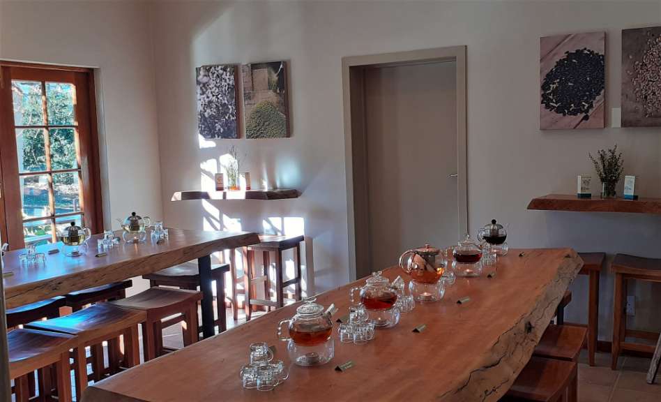 Ein Tisch mit vielen Gläsern und Teekannen darauf