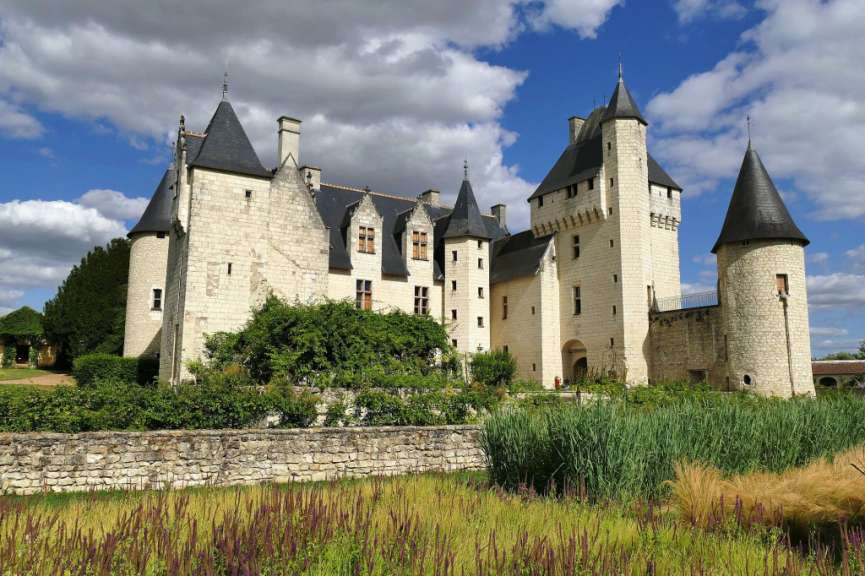 Ein belebtes Schloss mit mehreren Türmen und einem Torbogen, umgeben von üppiger Vegetation und einem Teich im Vordergrund, steht unter einem dramatischen Himmel mit Wolken.