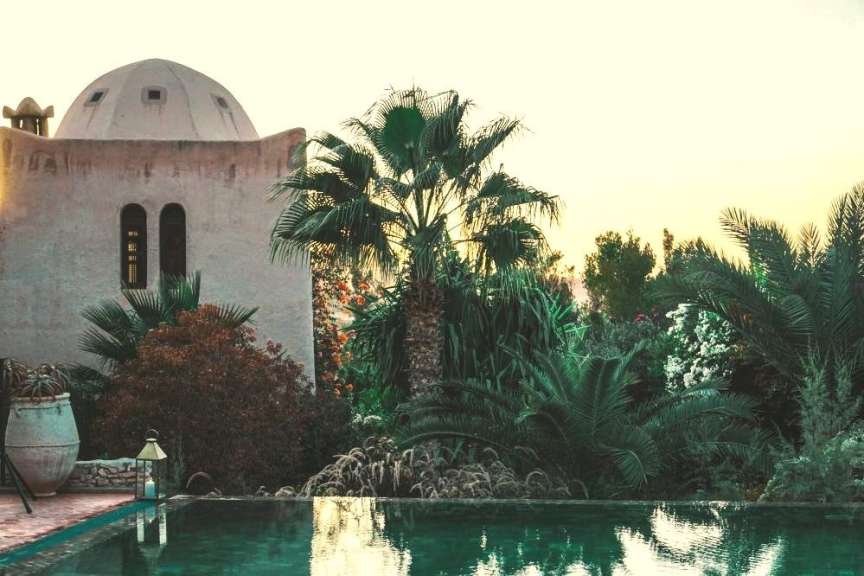 Ein Pool mit Palmen und einem Gebäude im Hintergrund